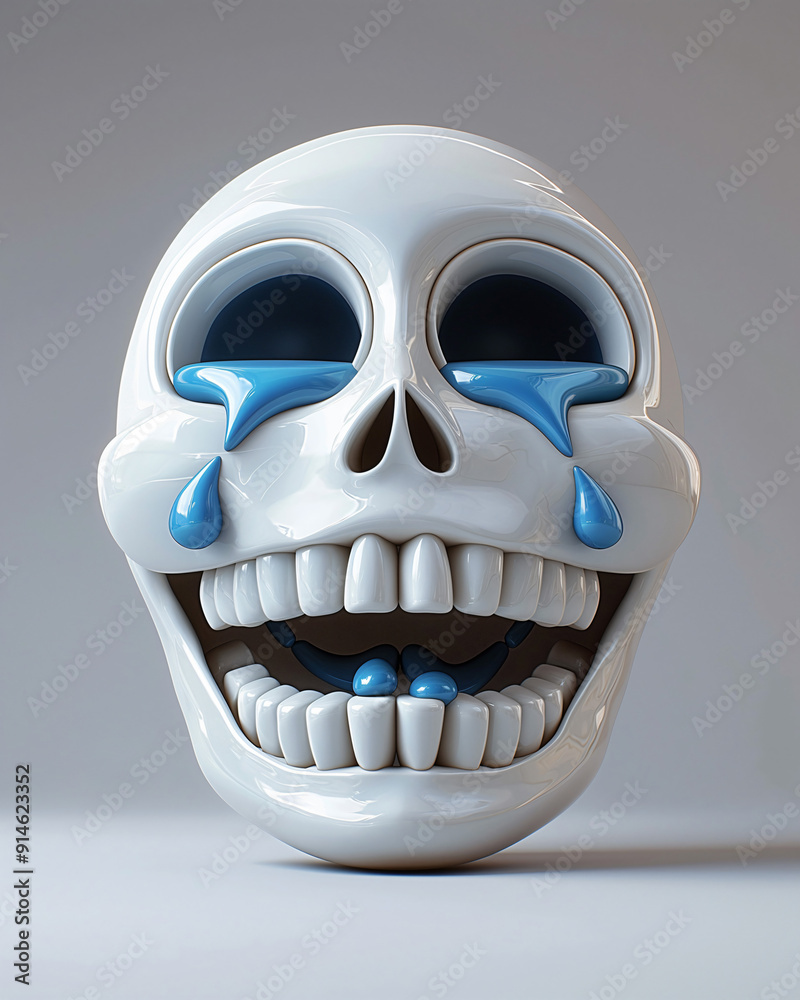 A whimsical ceramic skull features big blue tears and a broad grin, set against a simple gray backdrop, adding a playful touch to the design A whimsical ceramic skull features big blue tears and a broad grin, set against a simple gray backdrop, adding a playful touch to the design