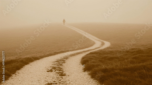 A lone person strolls down a winding path through thick fog on a serene, misty morning in a tranquil landscape photo