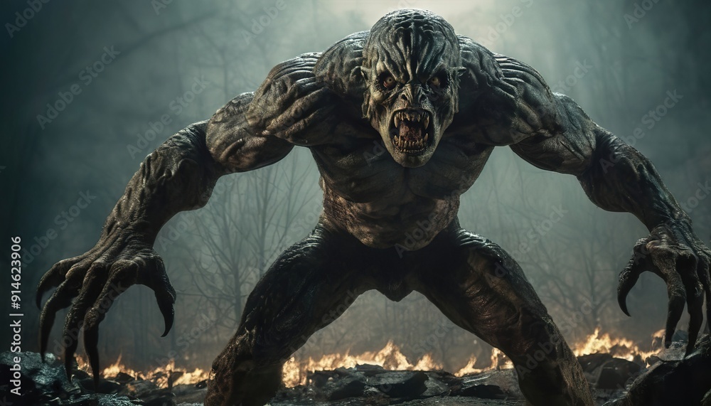 A monstrous creature with sharp teeth and menacing expression in a dimly lit environment A monstrous creature with sharp teeth and menacing expression in a dimly lit environment