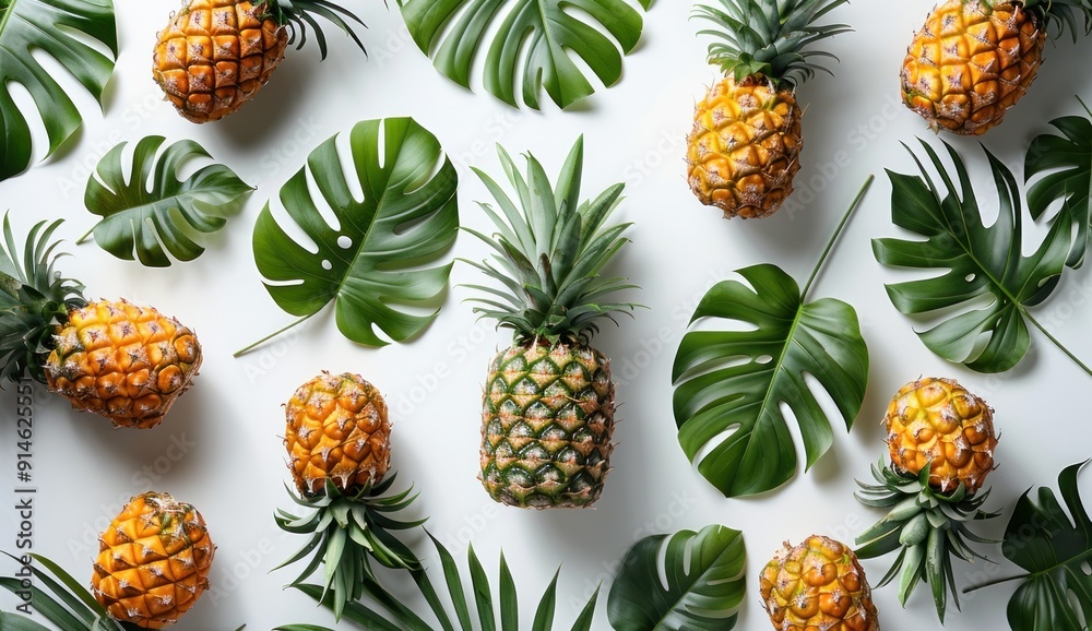 Tropical Pineapple and Monstera Leaf Flat Lay