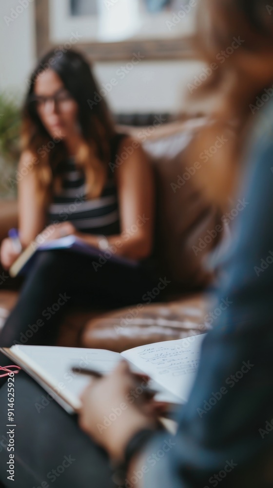 Fototapeta premium Two women share ideas and take notes in a warm, inviting living room during a casual meeting