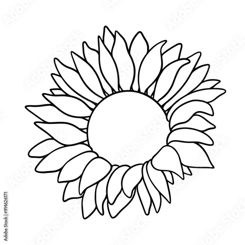Vector sunflower illustration in line art style. Graphic monochrome drawing. Hand drawn floral outline sketch, engraved illustration. Design element for coloring book page, tattoo, logo, icon, label.