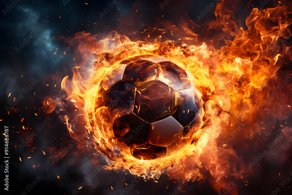 Fototapeta premium Flaming soccer ball reaching the goal fire trailing