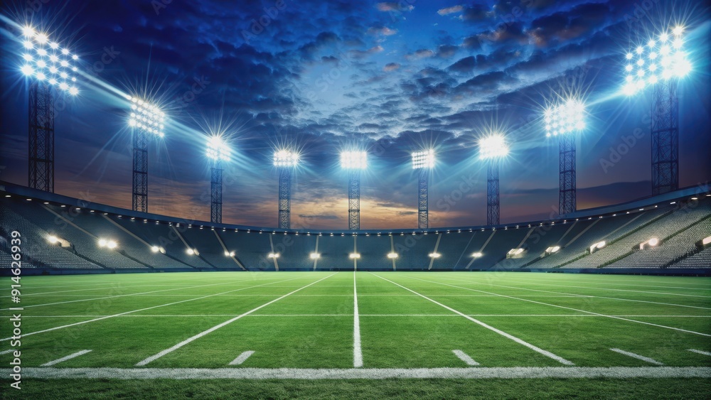 Empty football field illuminated under the night sky with bright stadium lights, football, field, night, sky, bright, stadium Empty football field illuminated under the night sky with bright stadium lights, football, field, night, sky, bright, stadium