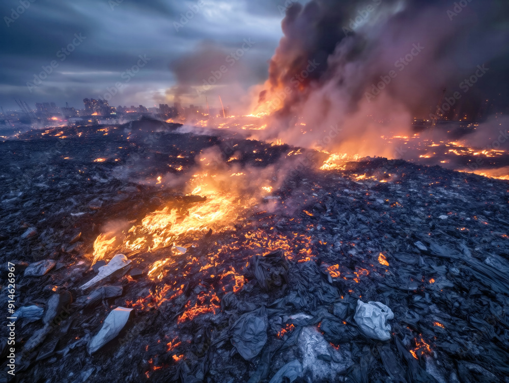A large fire is burning in a field of rocks. The fire is very large and is surrounded by smoke. The sky is cloudy and the fire is in the distance A large fire is burning in a field of rocks. The fire is very large and is surrounded by smoke. The sky is cloudy and the fire is in the distance
