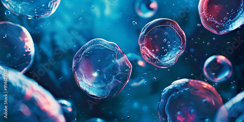 Dynamic high detail blue-colored and purple pink cells in a clear liquid under Microscopic glowing fluid design and detailed biological image