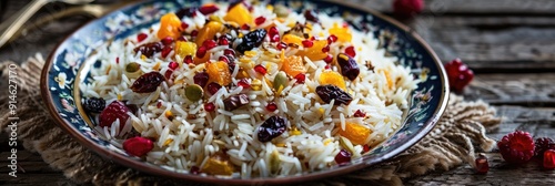 Close up of Traditional Persian Tahdig Jeweled Javaher Polow with Basmati Rice Dried Fruits and Berries on Rustic Plate photo