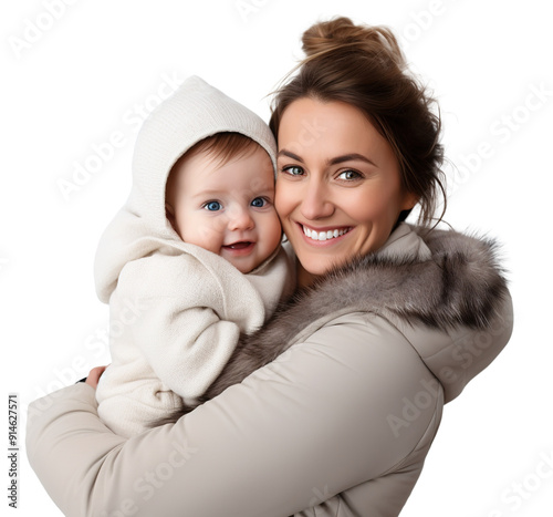 Portrait of Caucasian mother holding her baby wearing winter clothes