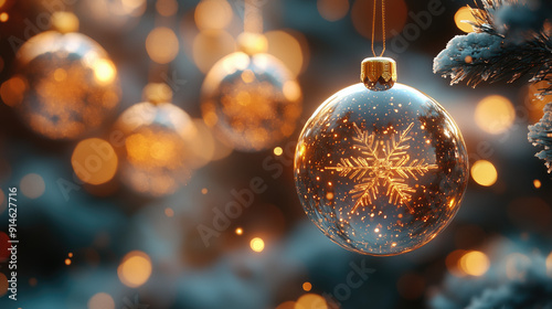 Bolas decorativas para el árbol de navidad que contienen copos de nieve, flotando en el espacio, delicado, colores tonalidades de naranjas a marrón, ideal papelería, tarjetas