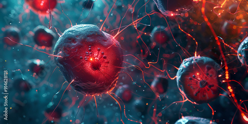 A 3D animation of red and blue cells with tiny shields detail of virus bacteria with red lines connecting them