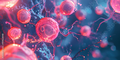 Colorful abstract microscopic view of cells connections in a vibrant color scheme, some of which are pink and Nanoparticles in Action