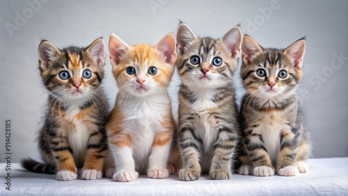 Four colorful kittens sitting together on a soft surface , cute, adorable, kittens, pink, orange, blue, green, fur, fluffy