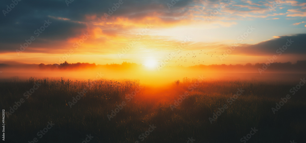 Fototapeta premium Golden Sunrise Over a Misty Field With Silhouetted Trees and Soft Clouds