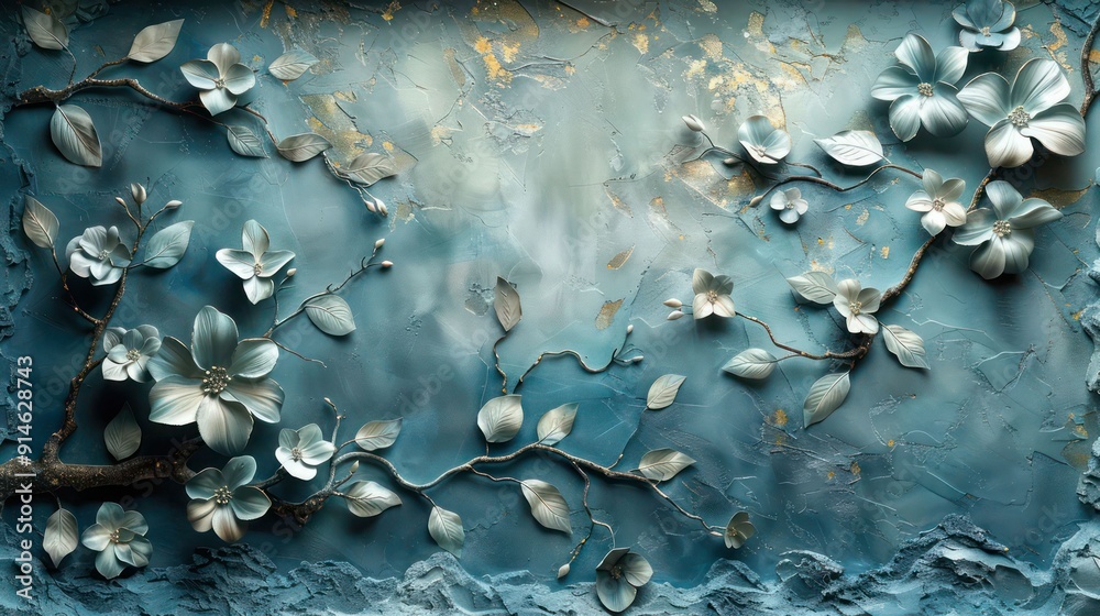 3D relief mural wallpaper showcasing delicate cherry blossom branches with raised petals and soft pastel hues 3D relief mural wallpaper showcasing delicate cherry blossom branches with raised petals and soft pastel hues