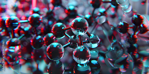 Horizontal banner featuring a vibrant of red, blue and white The atoms are connected by covalent bonds and streamers swirling dynamically