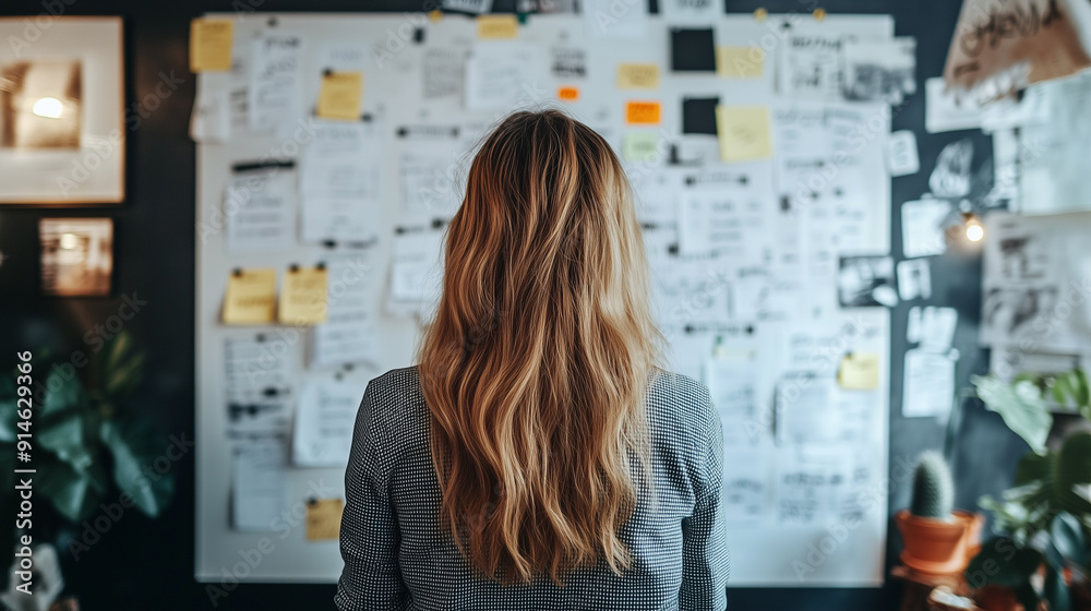 Female entrepreneur is reviewing notes and sketches on a wall, deeply engaged in the creative process of planning a project Female entrepreneur is reviewing notes and sketches on a wall, deeply engaged in the creative process of planning a project