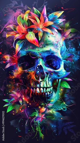 Dia de los Muertos skull adorned with vibrant flowers and colorful leaves in a neon-lit artistic composition Day of the Dead. AI