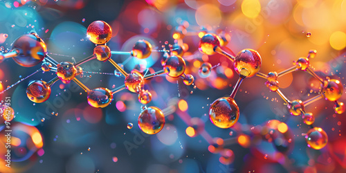 Molecular 3D Science illustration with Chemical Bonds, Colorful Molecule Structure Model Rendering Glowing Light Effects