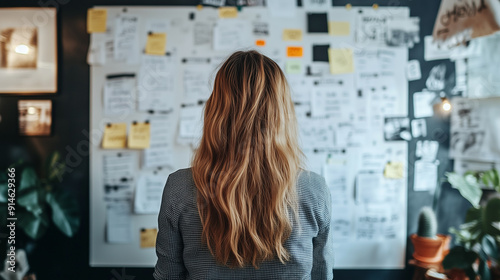 Female entrepreneur is reviewing notes and sketches on a wall, deeply engaged in the creative process of planning a project