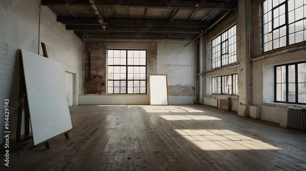 Industrial Loft with Blank Canvas and Large Window for Creative Designs, 3D mock-up Industrial Loft with Blank Canvas and Large Window for Creative Designs, 3D mock-up