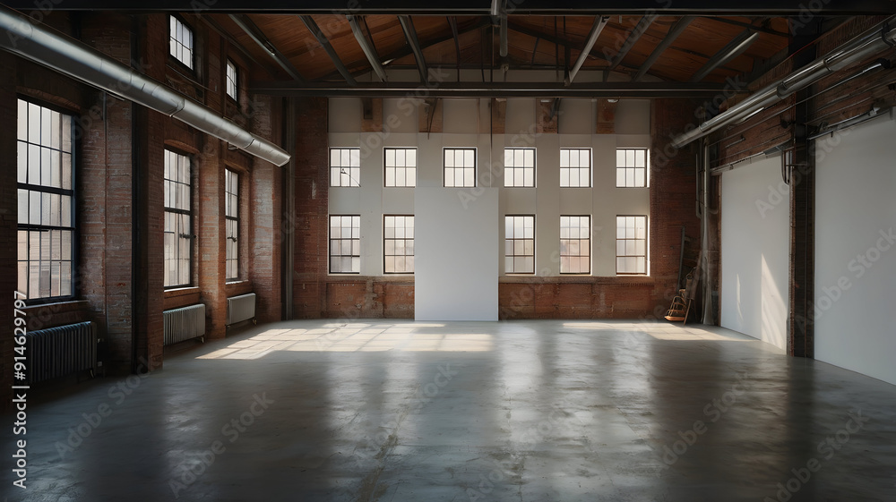 A spacious loft with an industrial vibe, featuring white walls, exposed beams, a large window, and a blank canvas standing ready for innovative design presentations. A spacious loft with an industrial vibe, featuring white walls, exposed beams, a large window, and a blank canvas standing ready for innovative design presentations.