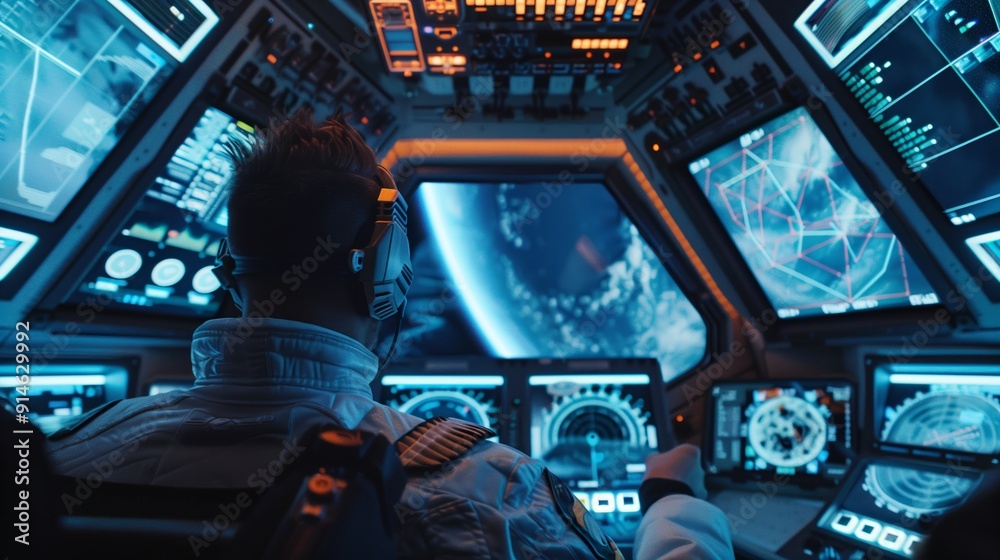 Astronaut Operating Control Panel Observing Earth From Space During Mission Astronaut Operating Control Panel Observing Earth From Space During Mission