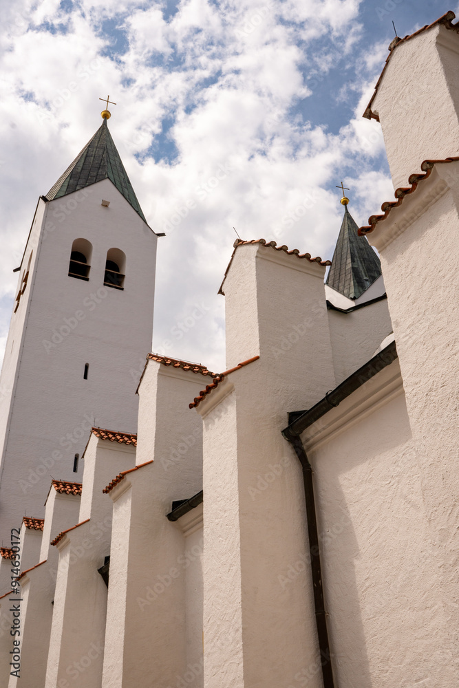 Fototapeta premium Freising, Bavaria, Germany. Tower and walls around St. Maria und St. Korbinian (St. Maria und Korbinian Cathedral) of the former Diocese of Freising