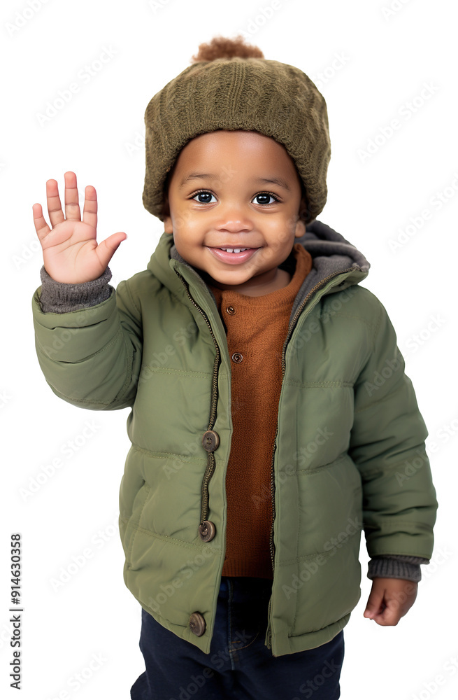 Black cute toddler wearing winter outfit smiling and waving hand Black cute toddler wearing winter outfit smiling and waving hand