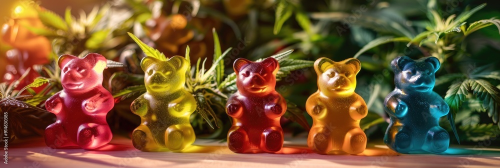 Naklejka premium Gummy bears infused with medical cannabis close up of colorful marijuana edible sweet jelly candy with selective focus Delicious homemade treat for recreational enjoyment