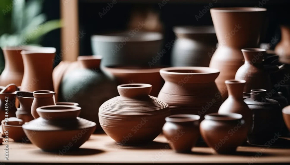 Pottery workshop clay pots closeup, ai