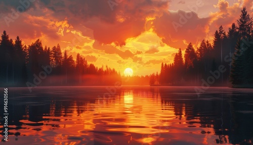 Sunset Over a Tranquil Forest Lake