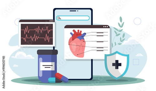 Cardiologist online concept. Smartphone with picture of heart near pills in jar. Cardiology and anatomy, biology. Health care and medicine. Diagnosis and treatment. Flat vector illustration
