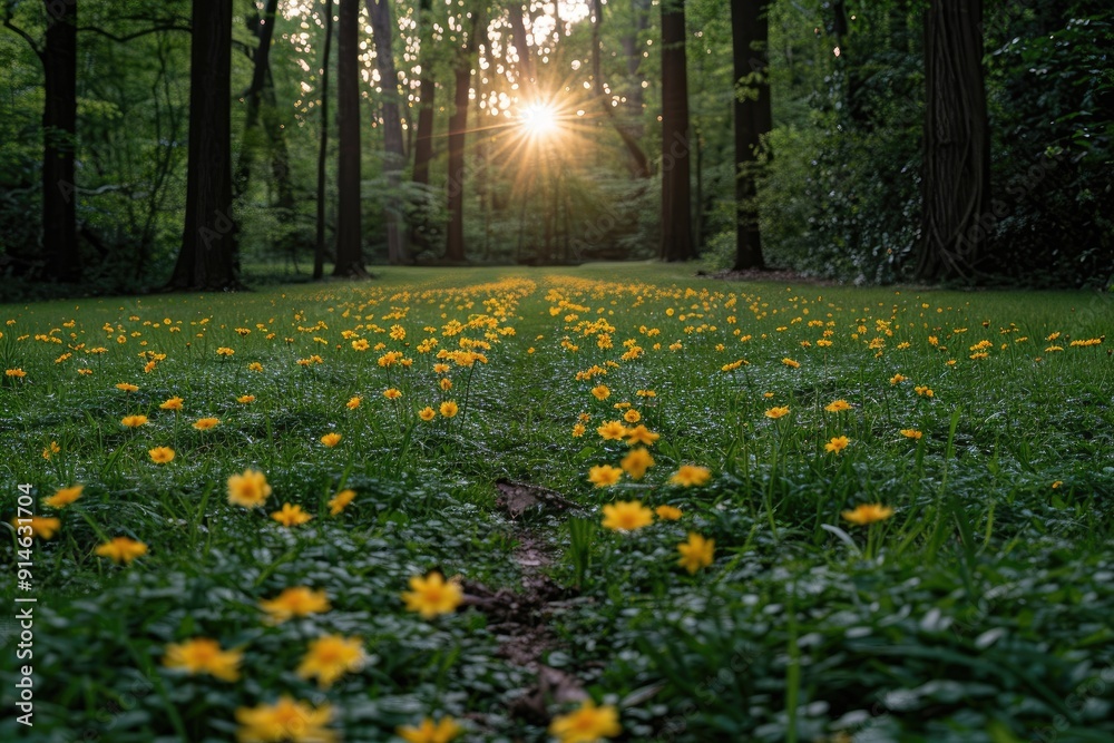 Obraz premium Sunlit Forest Path with Yellow Flowers