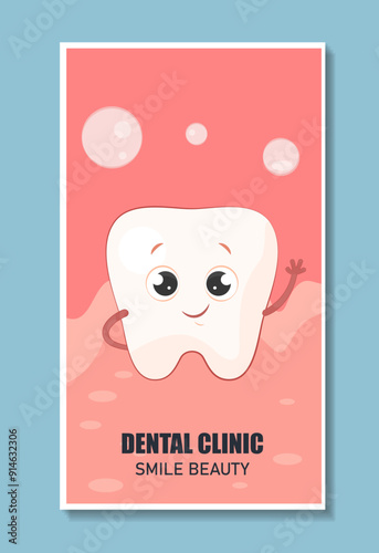 Dental clinic poster. Happy teeth waving hand. Health care and medicine, treatment. Dentistry and stomatology. Flyer and booklet. Flat vector illustration isolated on blue background