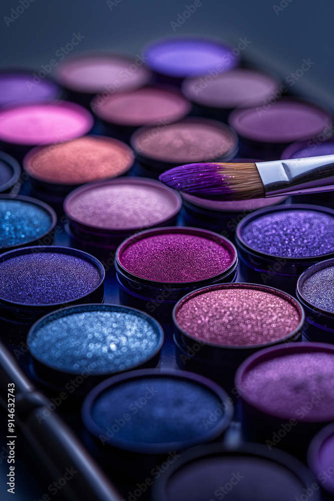 Vivid eye shadow pots fill the workspace, while a brush hovers above a rich purple shade ready for application Vivid eye shadow pots fill the workspace, while a brush hovers above a rich purple shade ready for application