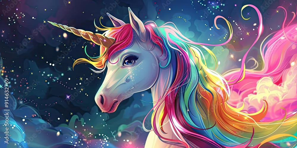 Rainbow unicorn against a starry night sky. Rainbow unicorn against a starry night sky.