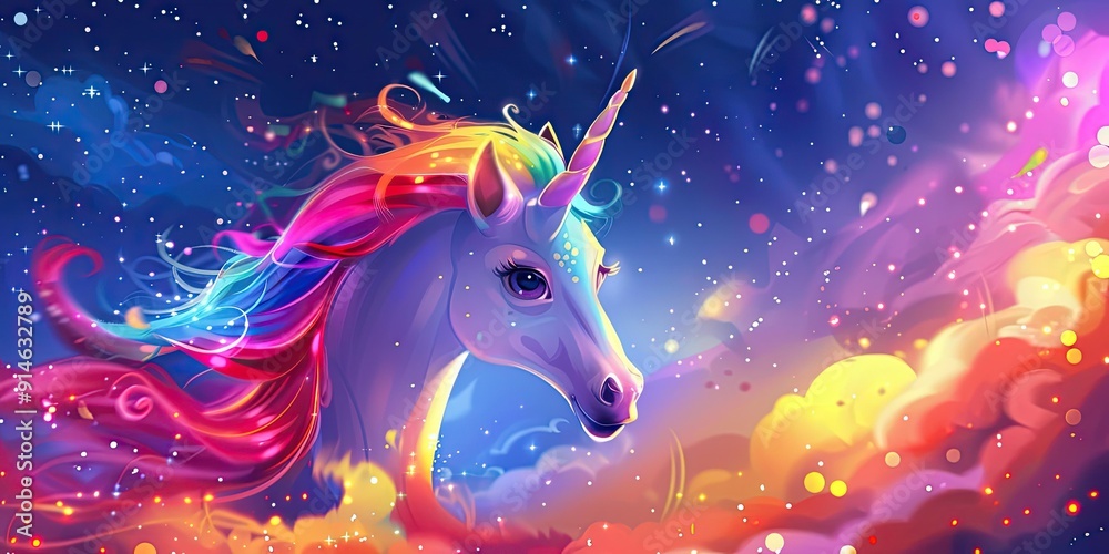 Fototapeta premium A magical rainbow unicorn in a starry sky.