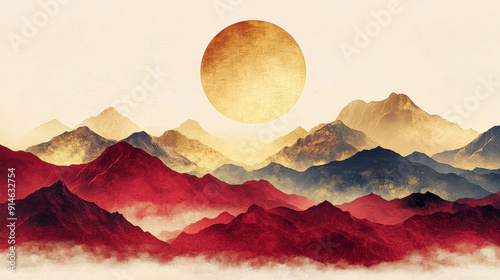 abstract representation of mountains and a full moon in a minimalist style, using red and gold hues to evoke the serene beauty of Chinese landscapes
