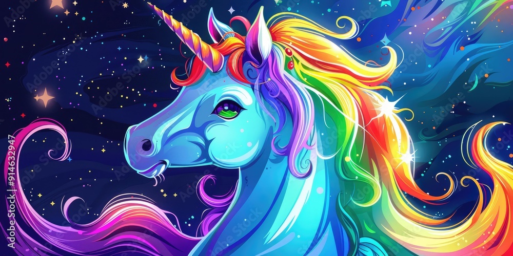 Rainbow unicorn in a starry night sky. Rainbow unicorn in a starry night sky.