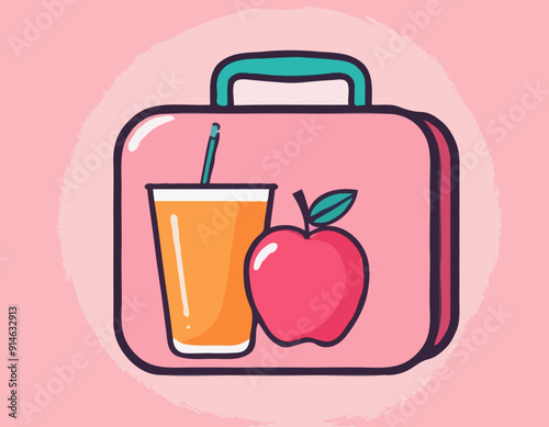 Pinck Lunchbox with red apple and juice flat icon Vector illustration photo