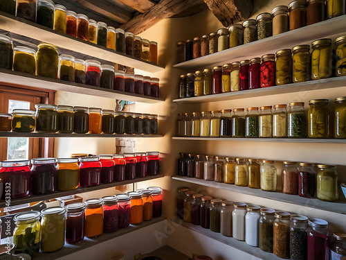 A rustic kitchen shelf packed with jars of pickled vegetables, herbs, and spices, neatly arranged in rows. 