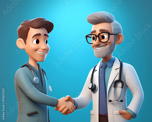 Médicos aperto de mão em hospital médico. Conceito de medicina de saúde. Personagens de desenho animado feliz e sorridente, pessoas adultas em design de estilo 3D em fundo claro. Pessoas humanas. photo