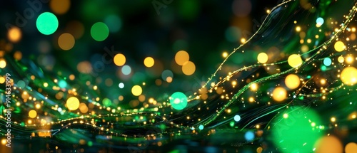 Green Sparkles, Glittering lights and bokeh, Enchanting night scene.