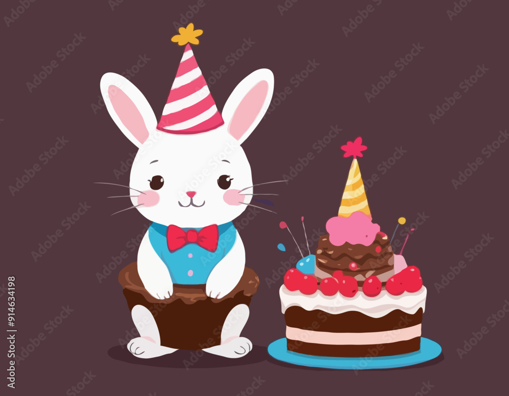 Little bunny with party hat sitting on chocolate cake
Little bunny with party hat sitting on chocolate cake