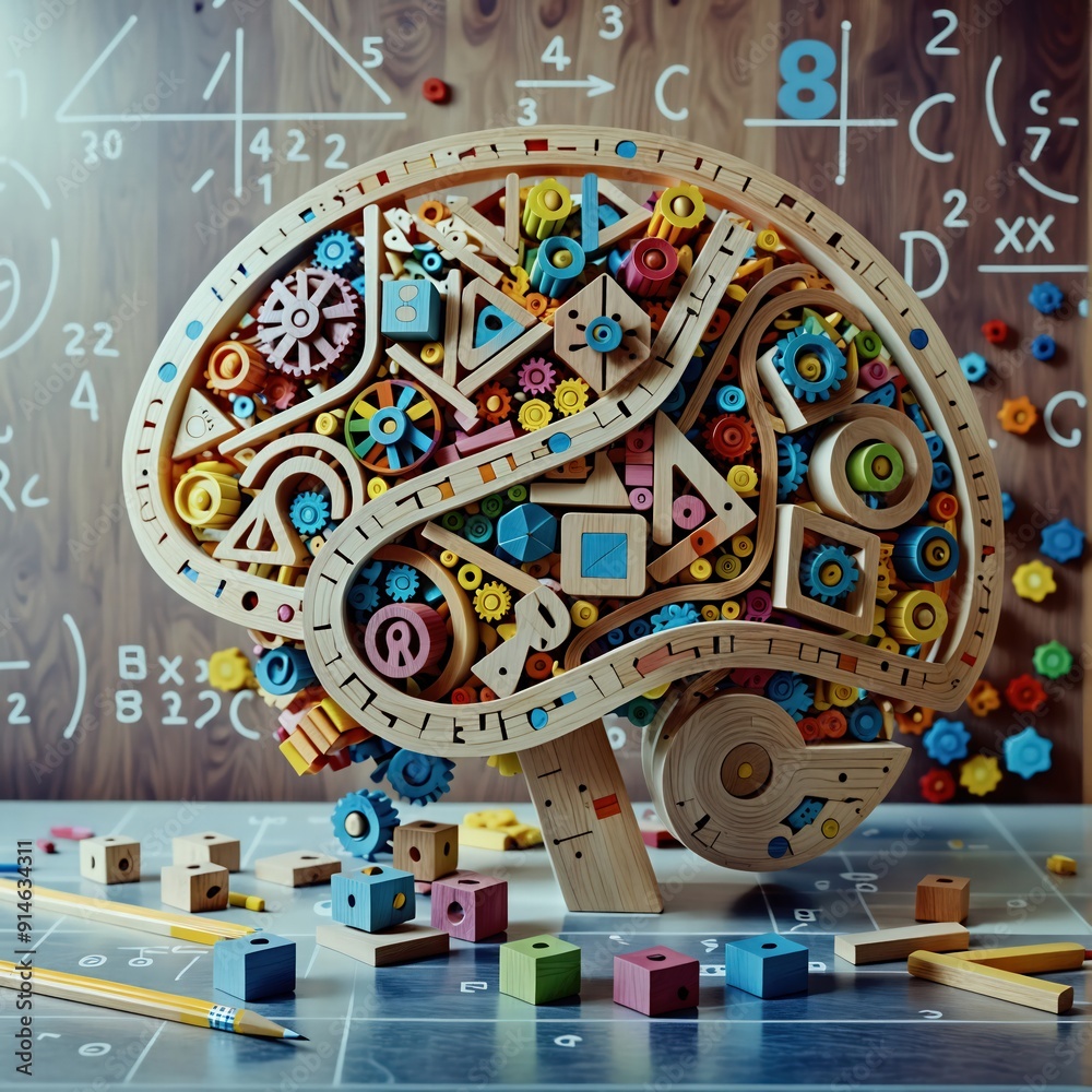 Naklejka premium Cerebro de madera, con símbolos de física y matemáticas. De fondo un pizarrón. Colorido y creativo. Abstracto. Representa la unión de la física y matemáticas con las neurociencias. 