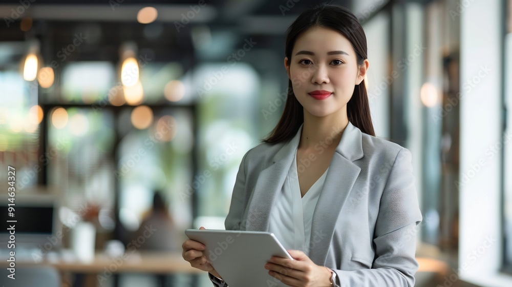 Business woman in a suit looking up at the office room
Business woman in a suit looking up at the office room