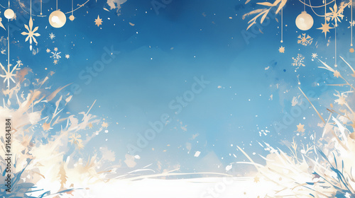 Blue winter background with white snowflakes and golden Christmas decorations. Abstract watercolor design with copy space.