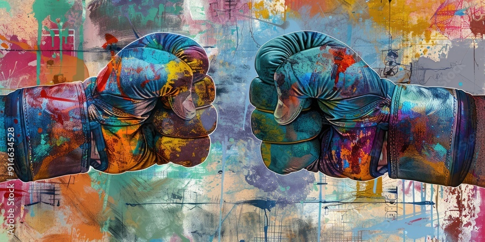 Fototapeta Two colorful boxing gloves on a bright background.