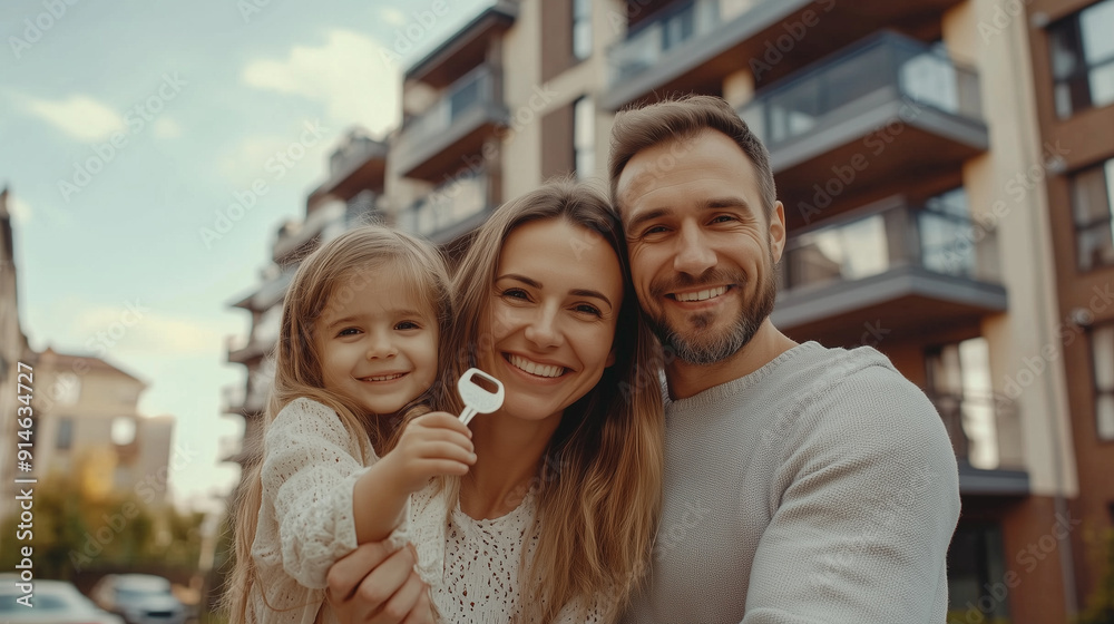 Young family is smiling while holding the key to their new home in front of their apartment building