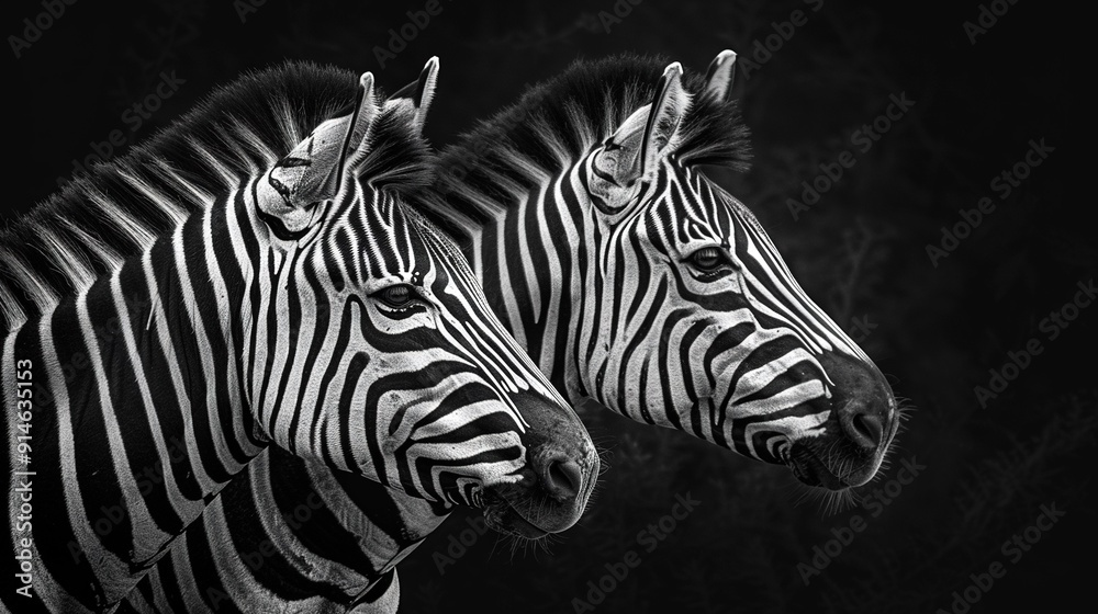 Naklejka premium Two zebras stand side by side in monochrome image, one gazes directly ahead while the other looks towards the lens